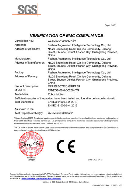 Çin Foshan Augmented Intelligence Technology Co., Ltd Sertifikalar